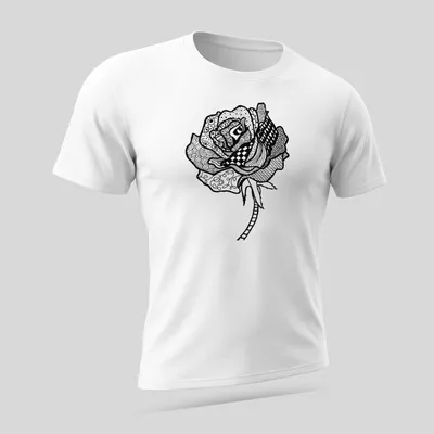 Black and white line art T-shirt featuring the text 'Smell The Roses' and a rose illustration — printed on a unisex t-shirt (angled view)