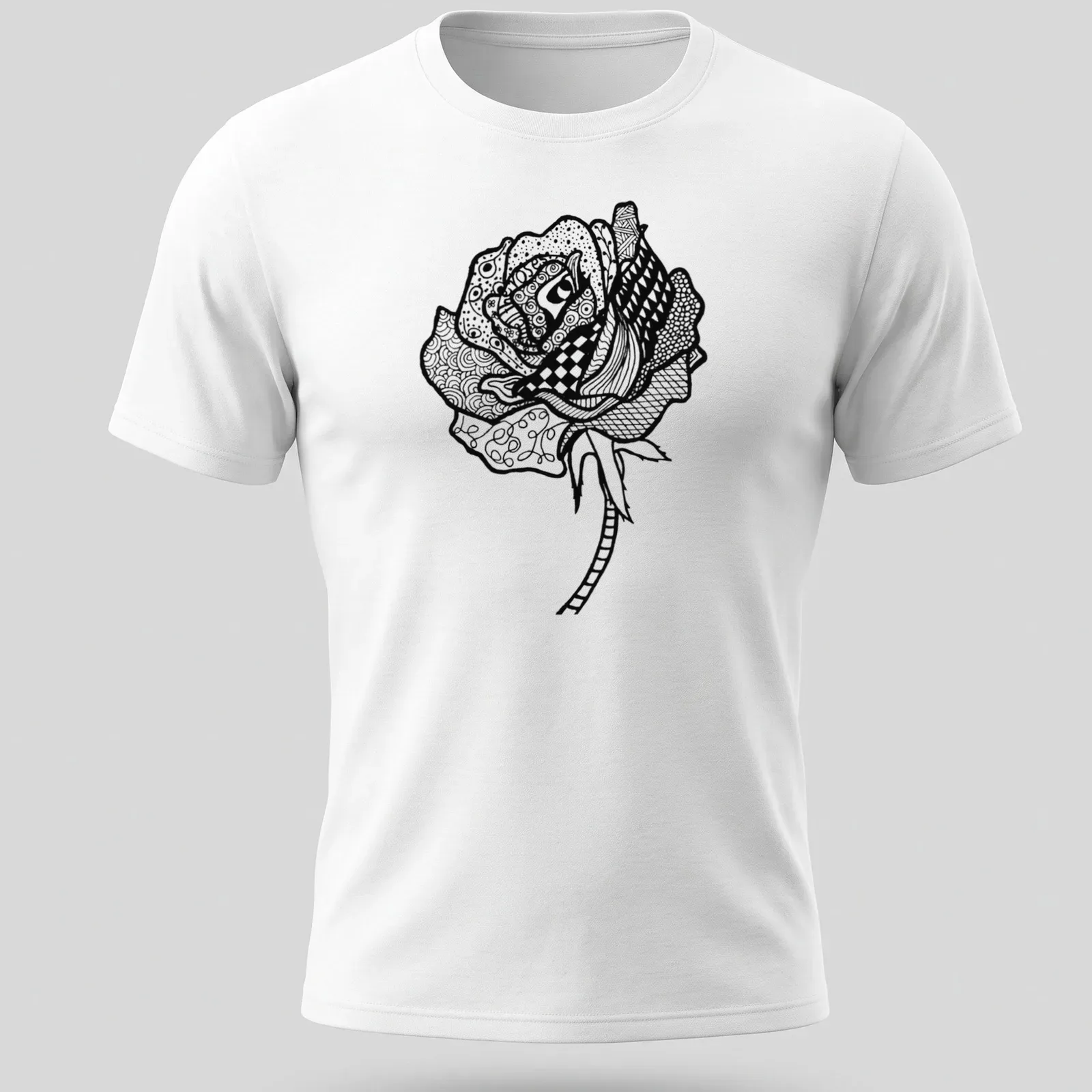 Black and white line art T-shirt featuring the text 'Smell The Roses' and a rose illustration — printed on a unisex t-shirt