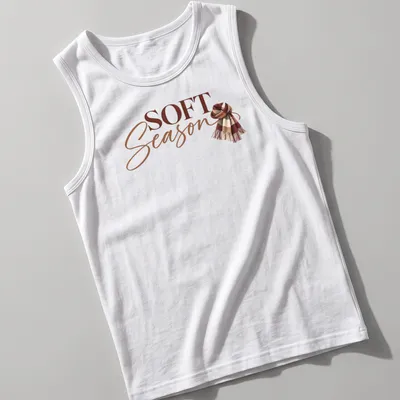 Autumn-themed t-shirt featuring a cozy scarf and the text 'Soft Season' in modern script. — printed on a tank top
