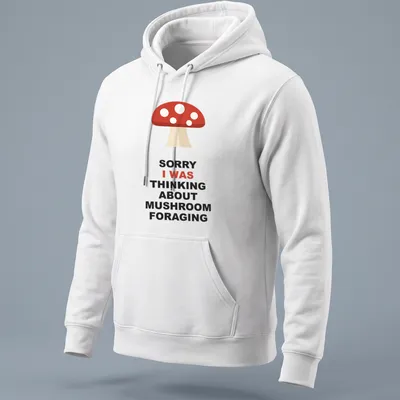 Mushroom foraging themed t-shirt with bold text and simple illustration — printed on a unisex hoodie
