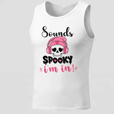 Cartoon skull with headphones and text 'Sounds Spooky I'm in!' in pink, black, and white — printed on a tank top
