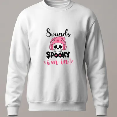 Cartoon skull with headphones and text 'Sounds Spooky I'm in!' in pink, black, and white — printed on a unisex sweatshirt