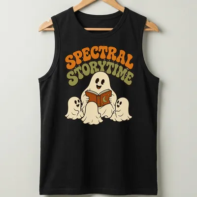 Whimsical retro design of ghosts reading a book with Spectral Storytime text — printed on a tank top