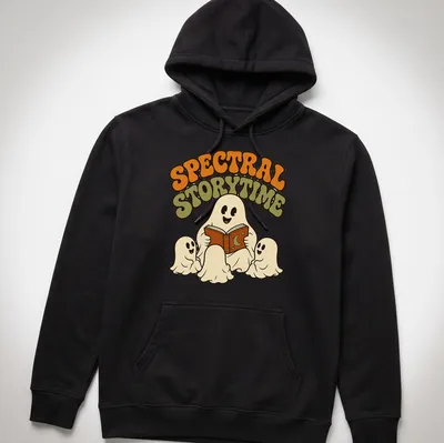 Whimsical retro design of ghosts reading a book with Spectral Storytime text — printed on a unisex hoodie