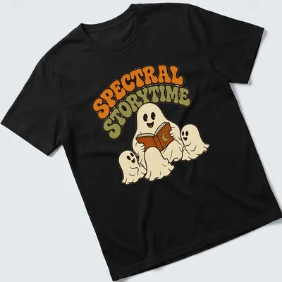 Whimsical retro design of ghosts reading a book with Spectral Storytime text