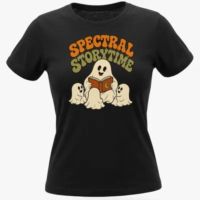 Whimsical retro design of ghosts reading a book with Spectral Storytime text — printed on a women's shirt