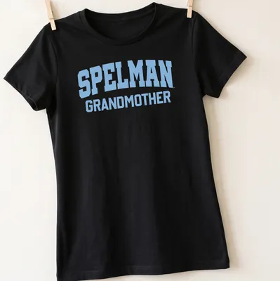 Bold collegiate Spelman Grandmother t-shirt in light blue celebrating family pride — printed on a women's shirt