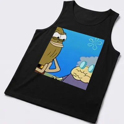 Cartoon print of Spongebob characters in playful scenes with blue, yellow, and brown hues — printed on a tank top