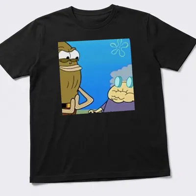 Cartoon print of Spongebob characters in playful scenes with blue, yellow, and brown hues — printed on a unisex t-shirt