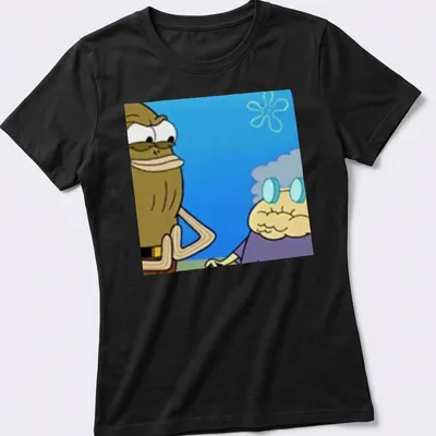 Cartoon print of Spongebob characters in playful scenes with blue, yellow, and brown hues — printed on a women's shirt