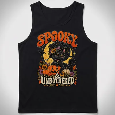Vintage illustration of a black cat witch with the text 'Spooky & Unbothered' — printed on a tank top