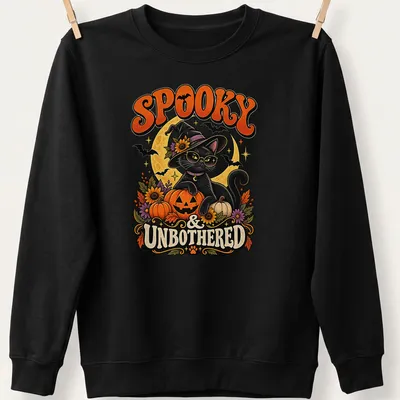 Vintage illustration of a black cat witch with the text 'Spooky & Unbothered' — printed on a unisex sweatshirt