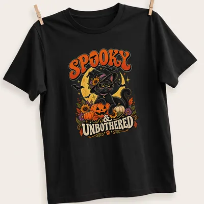 Vintage illustration of a black cat witch with the text 'Spooky & Unbothered'