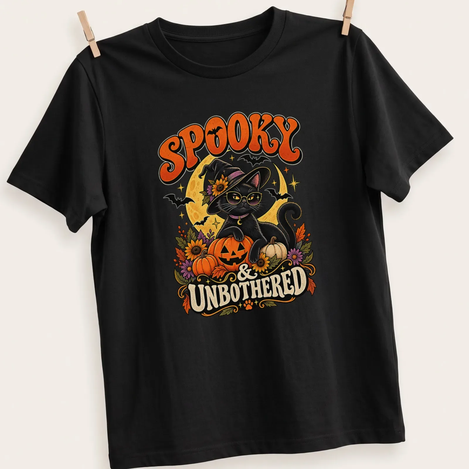 Vintage illustration of a black cat witch with the text 'Spooky & Unbothered' — printed on a unisex t-shirt