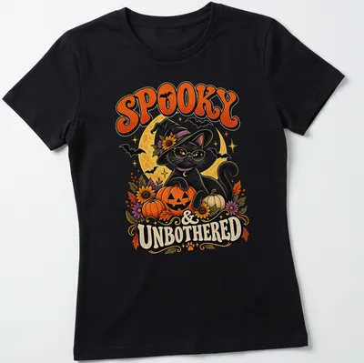 Vintage illustration of a black cat witch with the text 'Spooky & Unbothered' — printed on a women's shirt
