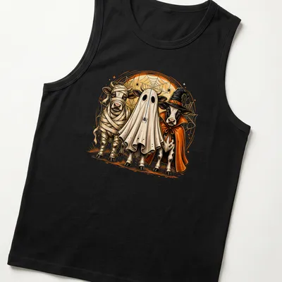 Illustrative Spooky Cows in Halloween costumes on a — printed on a tank top