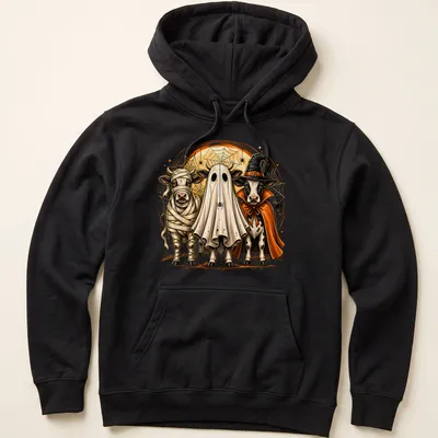 Illustrative Spooky Cows in Halloween costumes on a — printed on a unisex hoodie
