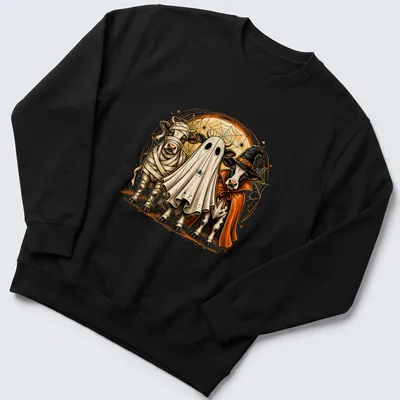 Illustrative Spooky Cows in Halloween costumes on a — printed on a unisex sweatshirt