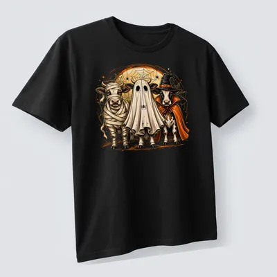 Illustrative Spooky Cows in Halloween costumes on a — printed on a unisex t-shirt (angled view)