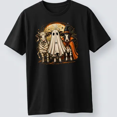 Illustrative Spooky Cows in Halloween costumes on a — printed on a unisex t-shirt