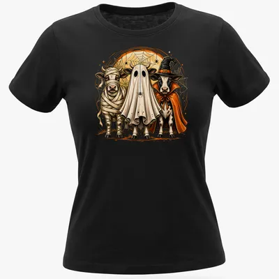 Illustrative Spooky Cows in Halloween costumes on a — printed on a women's shirt