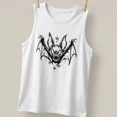 Black and white sketch of a flying bat in mid-air for Halloween — printed on a tank top