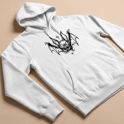 Black and white sketch of a flying bat in mid-air for Halloween — printed on a unisex hoodie