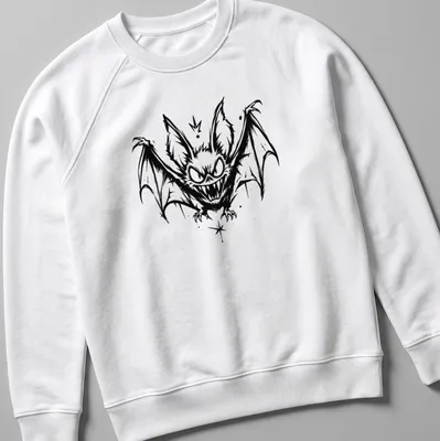 Black and white sketch of a flying bat in mid-air for Halloween — printed on a unisex sweatshirt