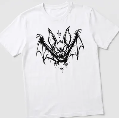 Black and white sketch of a flying bat in mid-air for Halloween — printed on a unisex t-shirt