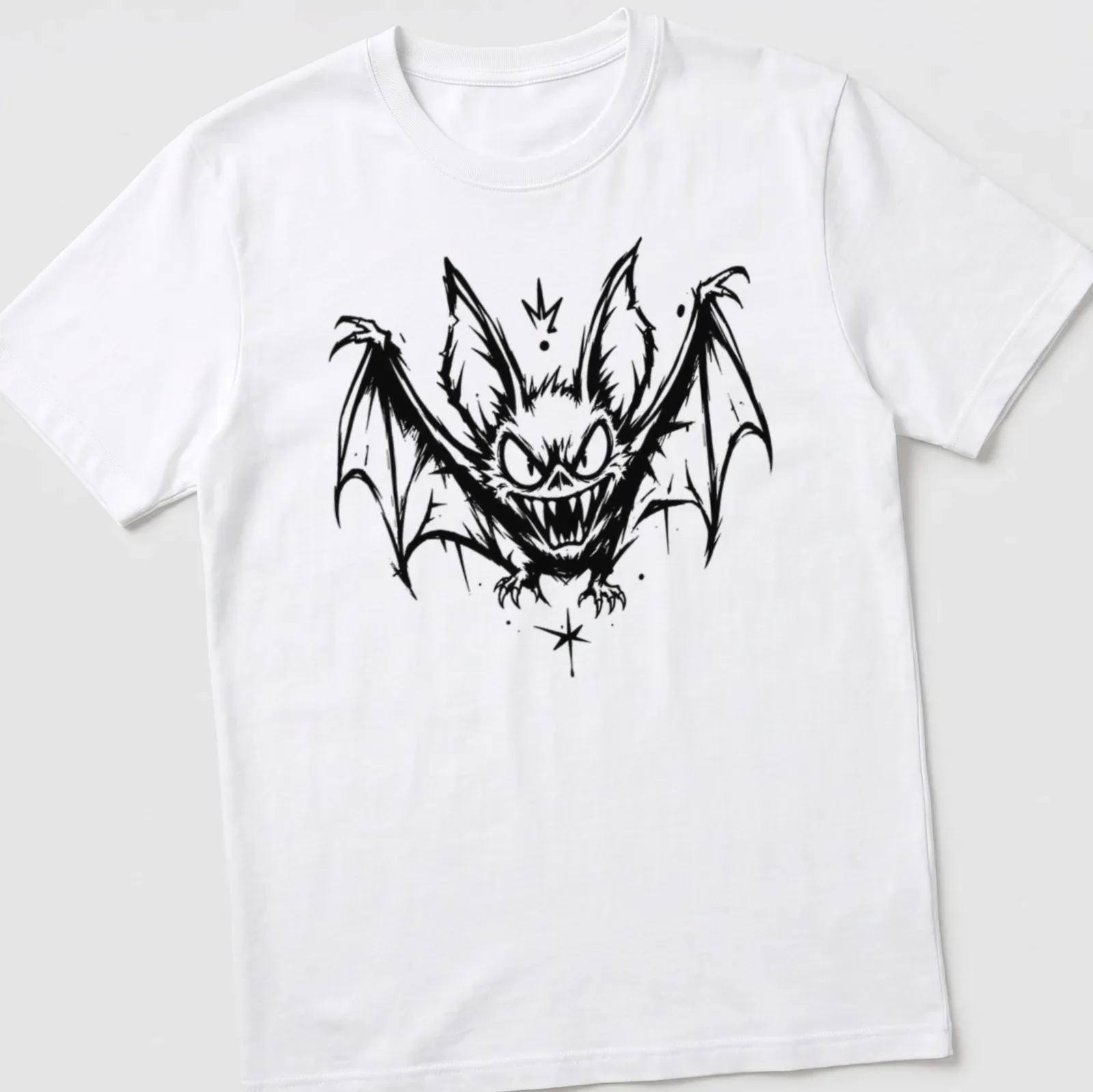 Black and white sketch of a flying bat in mid-air for Halloween — printed on a unisex t-shirt