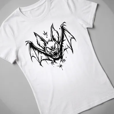 Black and white sketch of a flying bat in mid-air for Halloween — printed on a women's shirt