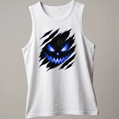 Ripped Jack O Lantern face design on black and blue Halloween — printed on a tank top