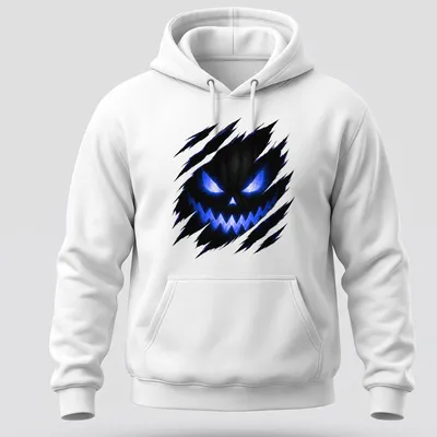 Ripped Jack O Lantern face design on black and blue Halloween — printed on a unisex hoodie