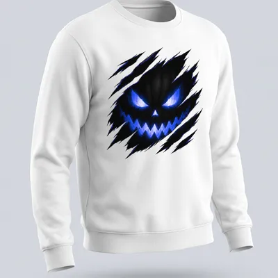 Ripped Jack O Lantern face design on black and blue Halloween — printed on a unisex sweatshirt