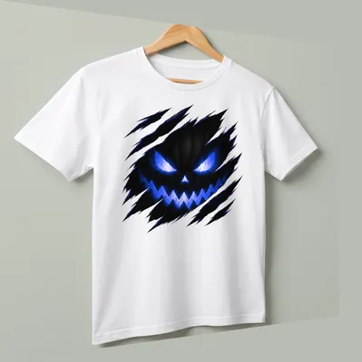Ripped Jack O Lantern face design on black and blue Halloween — printed on a unisex t-shirt (angled view)