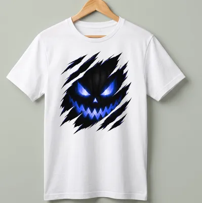 Ripped Jack O Lantern face design on black and blue Halloween t-shirt