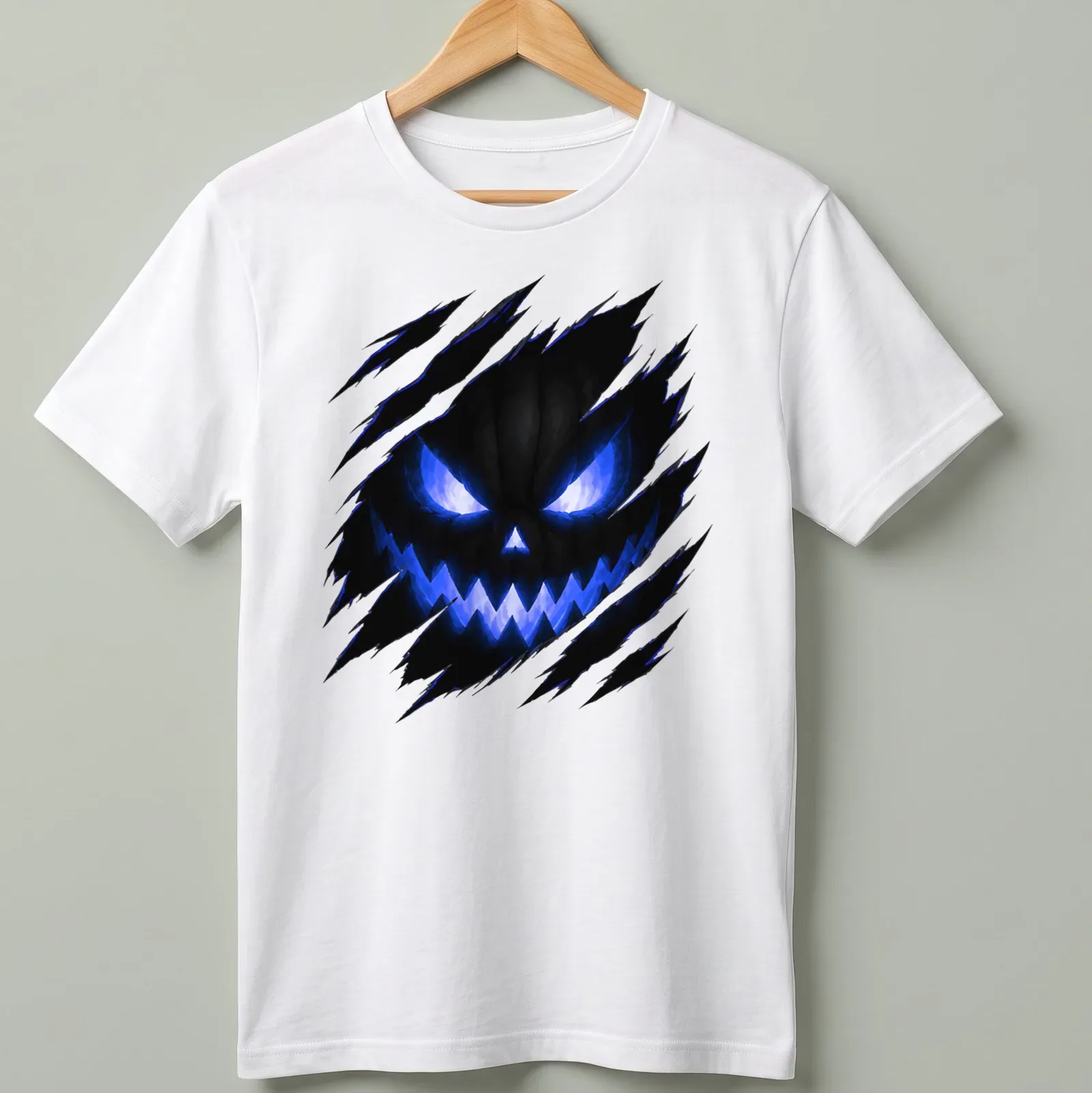 Ripped Jack O Lantern face design on black and blue Halloween — printed on a unisex t-shirt