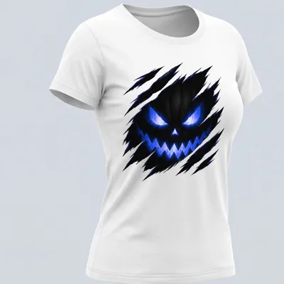 Ripped Jack O Lantern face design on black and blue Halloween — printed on a women's shirt