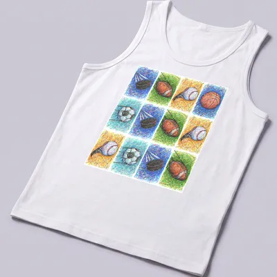 Colorful abstract art of various sports balls in blue, green, orange, yellow, white, and black — printed on a tank top