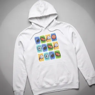 Colorful abstract art of various sports balls in blue, green, orange, yellow, white, and black — printed on a unisex hoodie