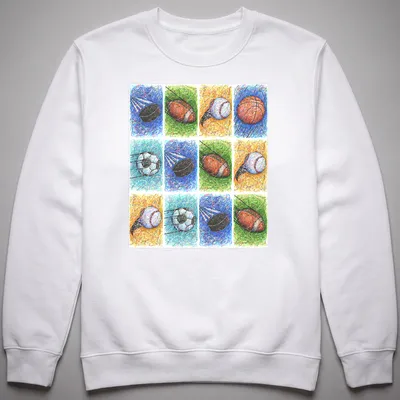 Colorful abstract art of various sports balls in blue, green, orange, yellow, white, and black — printed on a unisex sweatshirt