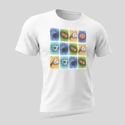 Colorful abstract art of various sports balls in blue, green, orange, yellow, white, and black — printed on a unisex t-shirt (angled view)