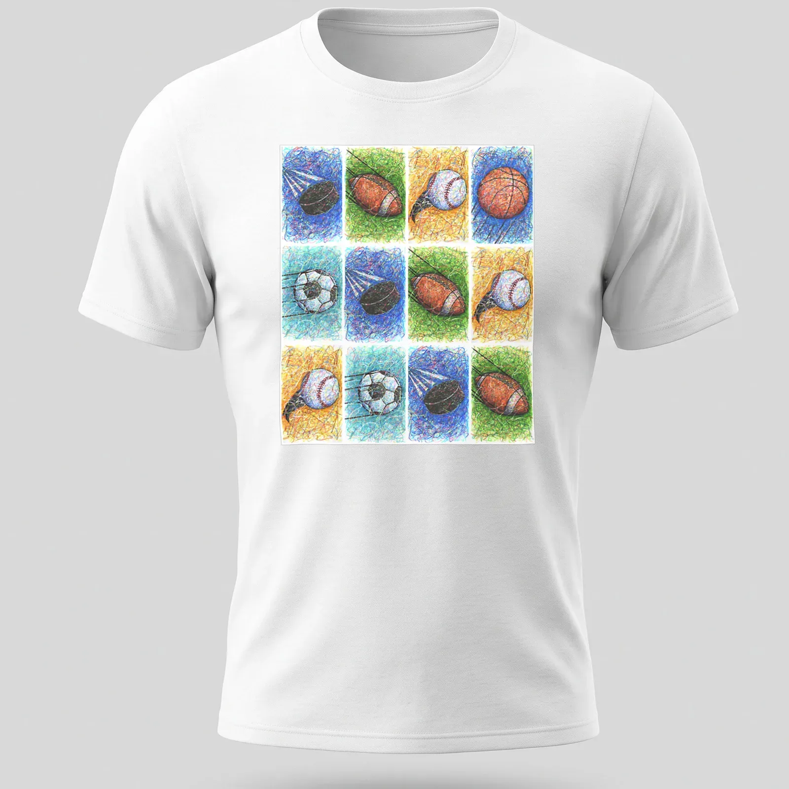 Colorful abstract art of various sports balls in blue, green, orange, yellow, white, and black — printed on a unisex t-shirt