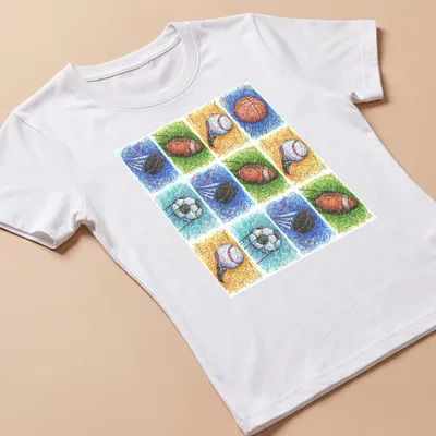 Colorful abstract art of various sports balls in blue, green, orange, yellow, white, and black — printed on a women's shirt