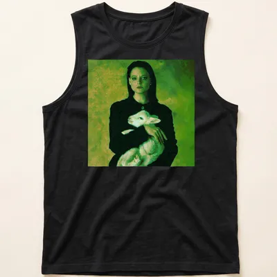 Vintage style t-shirt of a woman holding a lamb in green, black, and white — printed on a tank top
