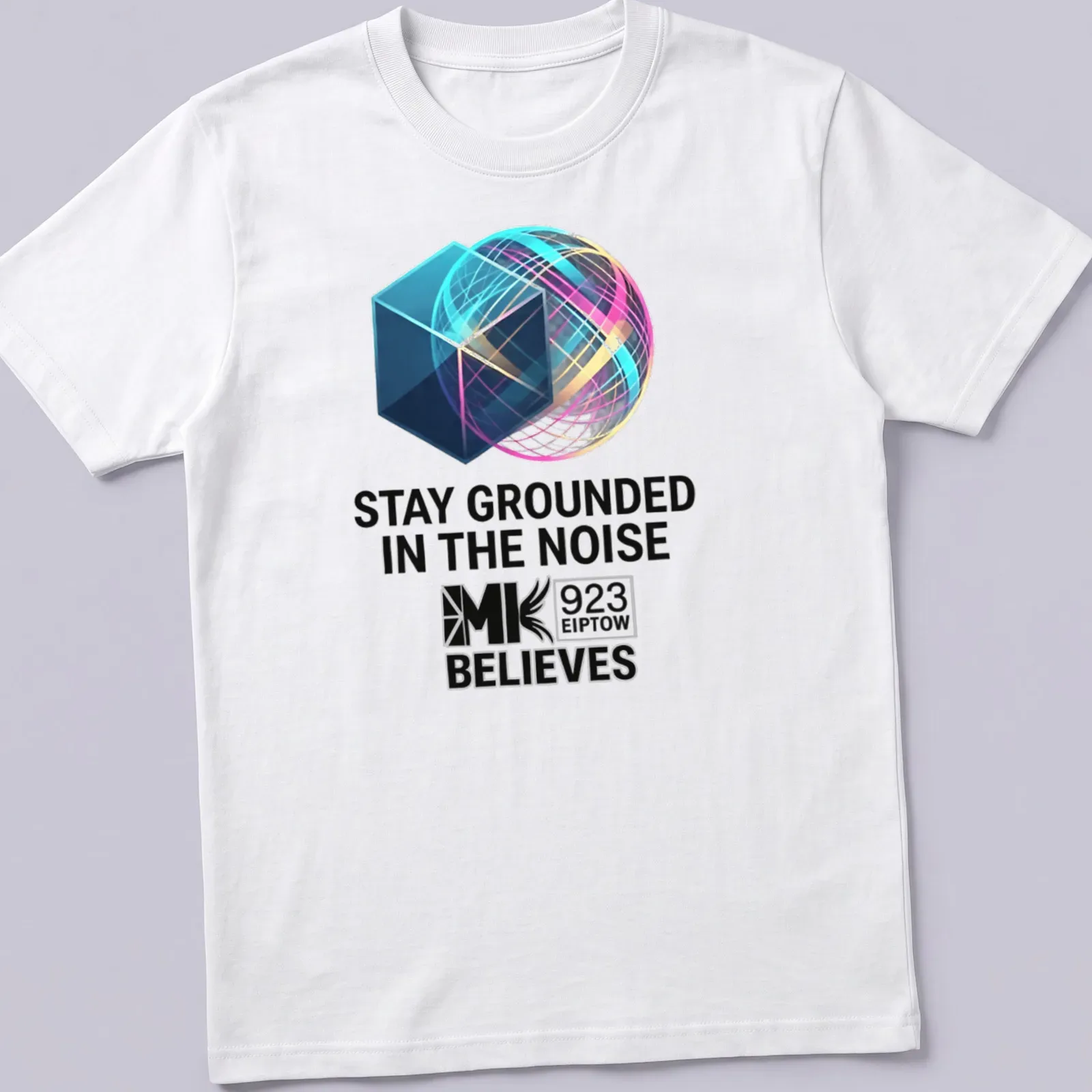 Abstract design with geometric shapes and inspirational text in various colors — printed on a unisex t-shirt