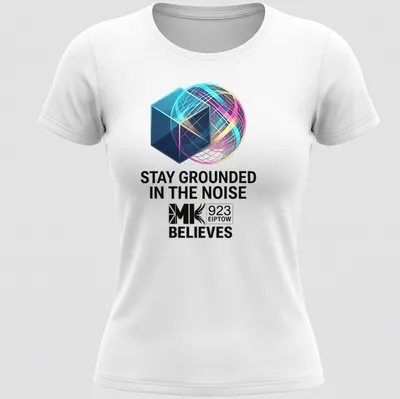 Abstract design with geometric shapes and inspirational text in various colors — printed on a women's shirt