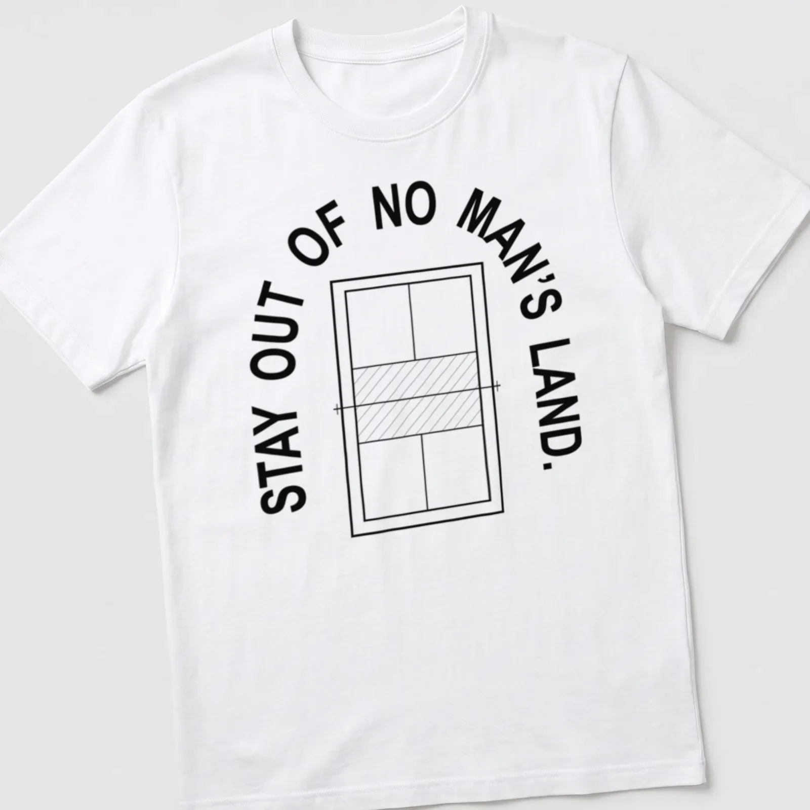Minimalist black vector art of a pickleball court with text warning against entering — printed on a unisex t-shirt