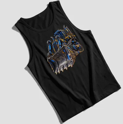 Futuristic bulldozer illustration in yellow, blue, black, and gray on a — printed on a tank top