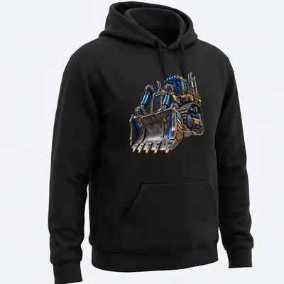 Futuristic bulldozer illustration in yellow, blue, black, and gray on a — printed on a unisex hoodie